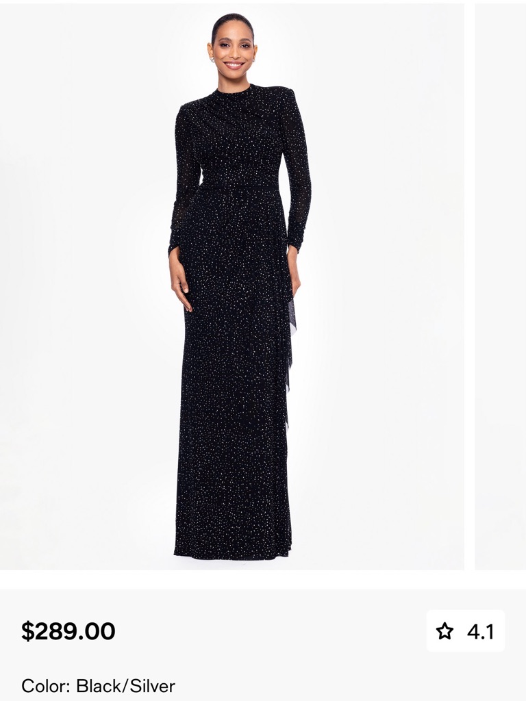 Betsy & Adam Black Sparkle Mock Neck Long-Sleeve Gown
